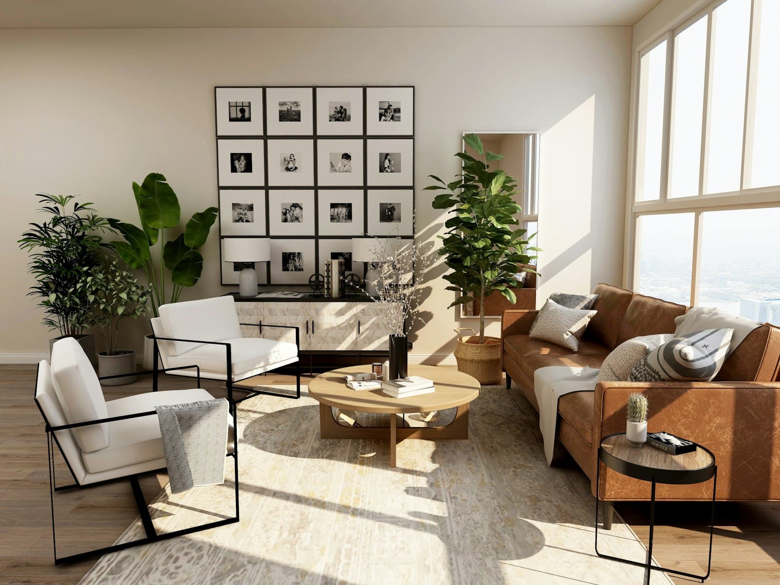 Bright living room with plants, a gallery wall and light coming through tall windows